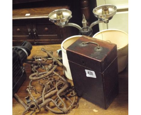 Vintage Art Deco light fitting, mincer, razor box etc, old keys 