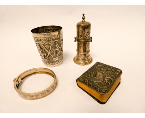 Indian white metal beaker, silver mounted miniature book of common prayer, Hallmarked silver pepper pot and a hinged bangle (