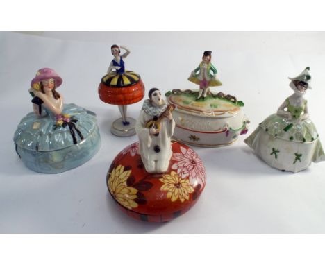 A collection of five Art Deco powder bowls to include Mandolin playing Pierrot bowl     One figure missing hand