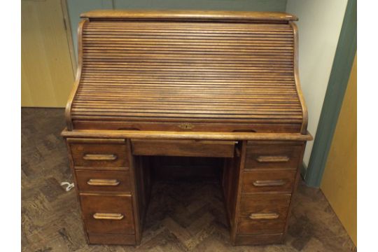 A 4 Oak Roll Top Twin Pedestal Desk With Pigeon Hole And Drawer