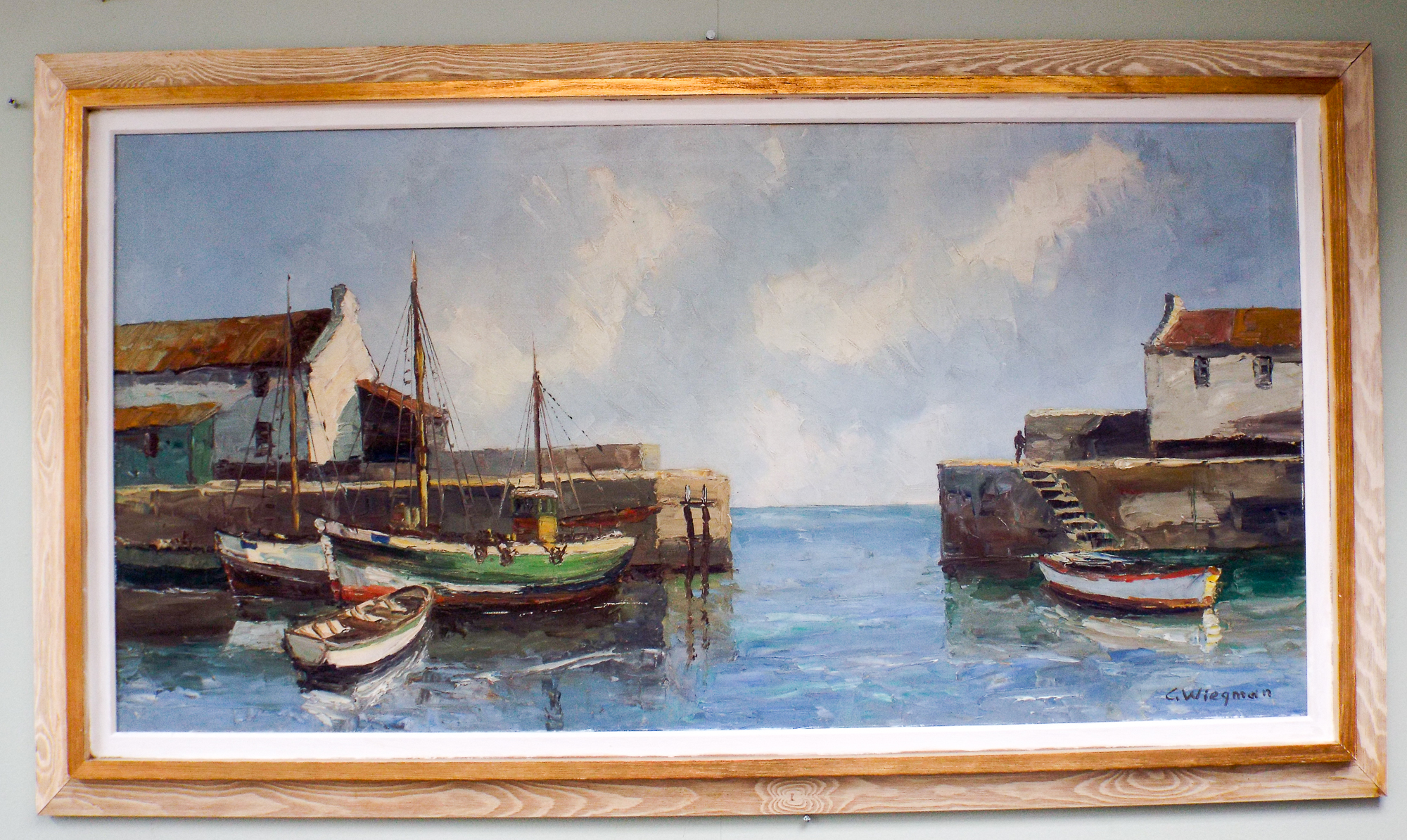 C Wiegman large oil on canvass of a Dutch fishing village 51cms x 102cms