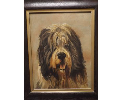 A oil on canvas portrait of a collie dog monogrammed BH and dated 1917 in an oak frame      No damage to frame or canvas. 45 