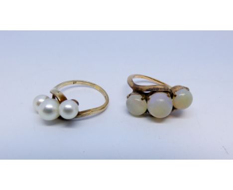 Three stone opal ring and a three stone cultured pearl ring, both on 9ct gold shanks. Size K/L