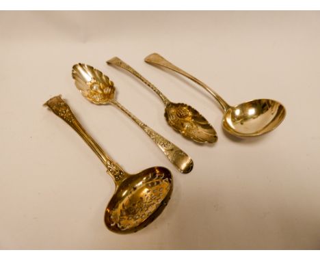 Two Georgian silver berry spoons, a Georgian sifting spoon and a sauce ladle. Gross weight of the four is 6 troy oz approxima