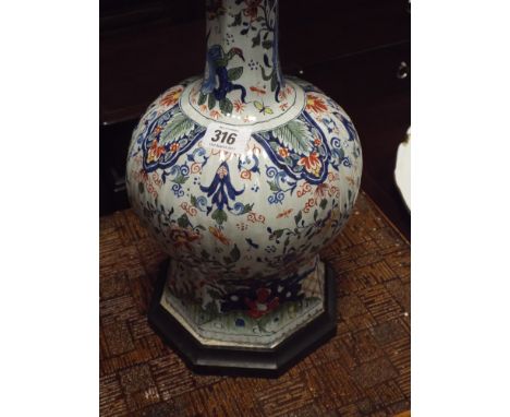 A Portuguese Majolica vase made into table lamp, some damage 