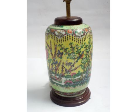Chinese Famille rose peacock, butterfly and flower decorated yellow ground vase table lamp, 20" high overall 