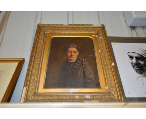 19th Century English school, oil on canvas portrait study of a lady wearing a black dress with info verso, contained in an or