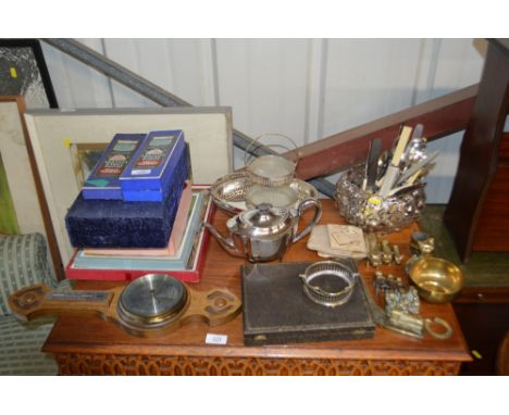 A barometer, together with a quantity of various silver plated ware, brass items, cutlery etc.