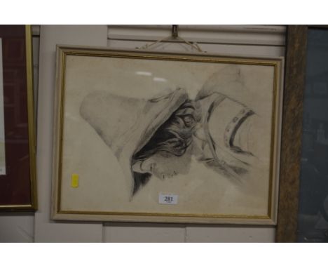 A pencil portrait study of a lady wearing a hat