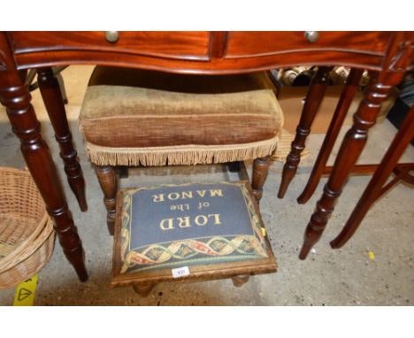 An oak framed and green upholstered stool; and a small oak and tapestry stool