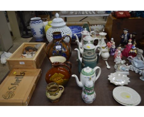 A quantity of various coffee pots; a brown and blue glazed flagon; a white glazed vase and cover; a commemorative jug; a Roya