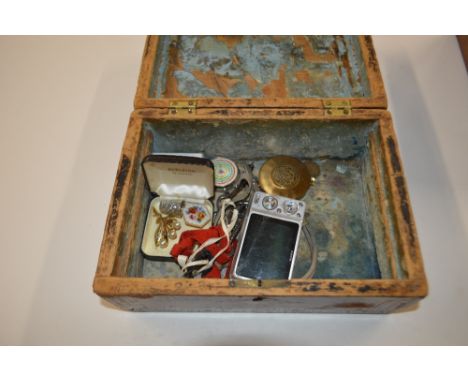 A Victorian inlaid box containing a white metal thimble; a micro mosaic brooch; digital camera and various sundries 