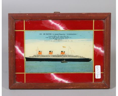 A vintage print on glass in wooden strut frame. Le Havre, Leg Grand paquebot, "Normandie".