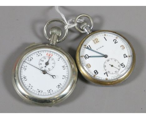 Two World War II British military issue pocket watches, a Cyma with luminous inlaid pointed baton hands and subsidiary second