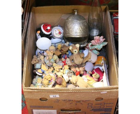 A box of miscellaneous to include a collection of composite Teddy bear models, Copeland teacups and biscuit saucers, metal wa