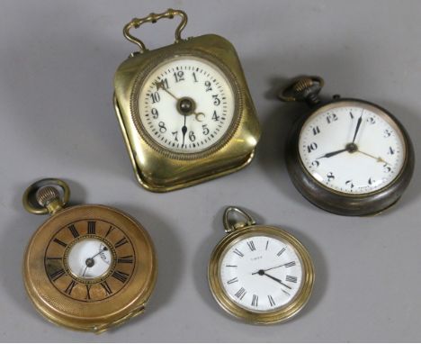 Three gentlemens pocket watches to include gold plated half hunter and Timex models along with a square formed travel alarm c