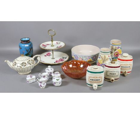 A collection of ceramics to include Royal Winton two tier cakestand, Poole items, Wade spirit flasks, Hammersley items, Japan