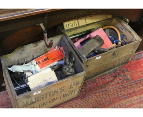 Two wooden crates and contents of tools and car parts, etc.