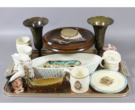 A tray of collectables to include commemorative wares, crested wares, a Royal Doulton toby jug 'Porthos' D6453, Hornsea and W