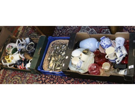Two boxes of mixed china and glass to include Royal Doulton and Wade along with a collection of flatwares.