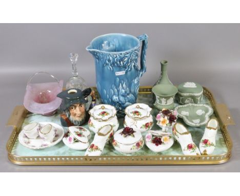 A tray of collectables to include Royal Albert sweet violets and old country roses patterns, Wedgwood Jasperwares, Wade jug, 