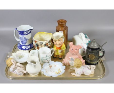 A tray of collectables to include Wade Natwest pig, Sylvac pebble vase, Shelley jug, Bavarian pin dish and hand painted Radfo