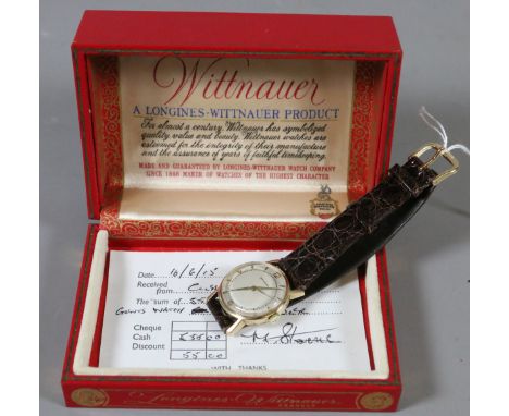 A gentleman's Longines Wittnauer 10ct gold filled manual wristwatch c1950s with pointed baton hands, subsidiary second and sa