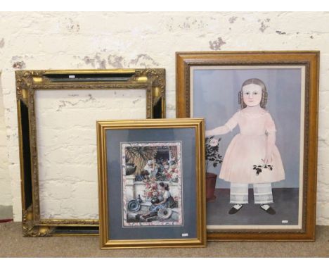 A good quality ornate gilt picture frame along with an oak framed print of a young girl and one other.