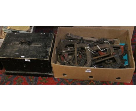 A box of assorted G cramps to include record examples along with a tool box and contents of engineering tools.