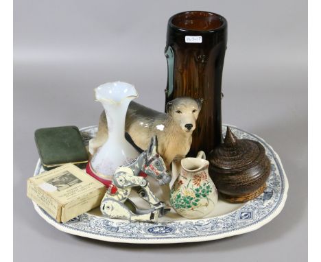 A Masons meat plate, art glass vase, Milchglas vase, muffin the mule tin plate puppet toy, Melba ware dog, magic lantern slid