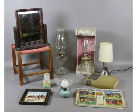 Two clear glass oil lamps, one in original box, a Royal Winton spill vase, chrome based touch lamp, framed wall tile decorate