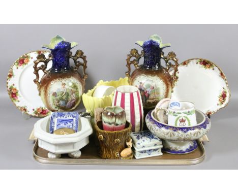 A tray of collectables to include Coalport cruet, Stratton compact, Victorian mantel vases, Sylvac fauna vase, Delft, Royal W