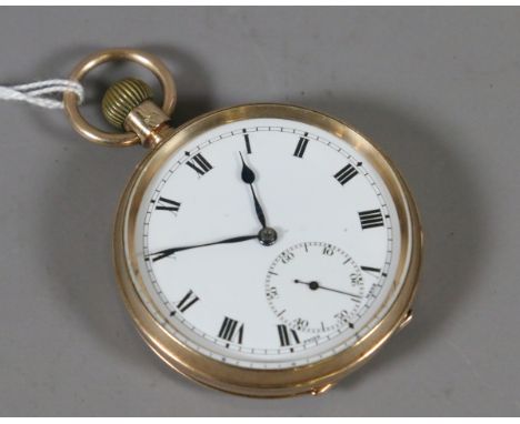 A 9 carat gold cased pocket watch with manual dial, Roman numeral markers and subsidiary seconds. Movement stamped Selezi. As