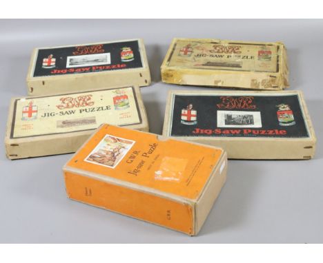 Five boxed vintage Chad Valley GWR wooden jigsaws, three locomotives and two townscapes.