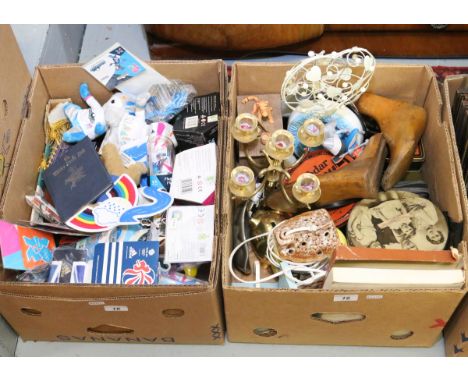 Two boxes of mixed china and collectables to include Wade examples along with Olympic mascot dolls.