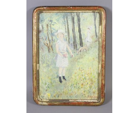 A French pointillism style gilt framed oil on panel portrait of two girls in a wooded landscape. 