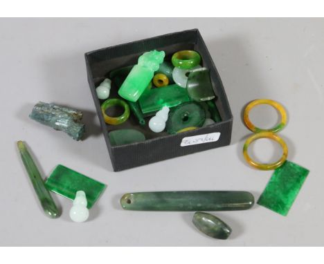 A box of assorted jade trinkets including oriental seal and rings etc.