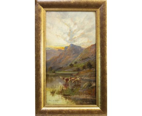 DAVID MORGAN (SCOTTISH 19TH CENTURY), SCOTTISH LOCH WITH CATTLE oil on board, signed and dated 1881 61cm x 33cm Framed