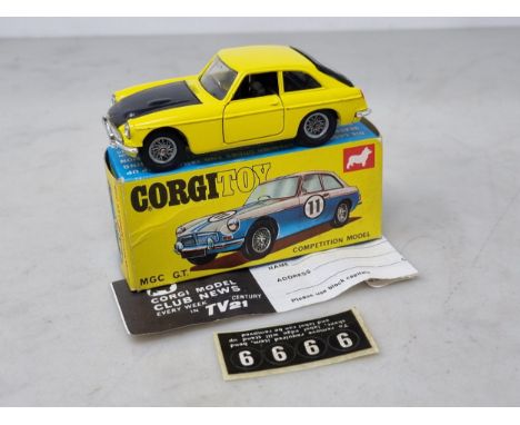 A boxed Corgi Toys No.345 MGC GT Competition Model with racing numbers and leaflet, Nr M-M, box superb 