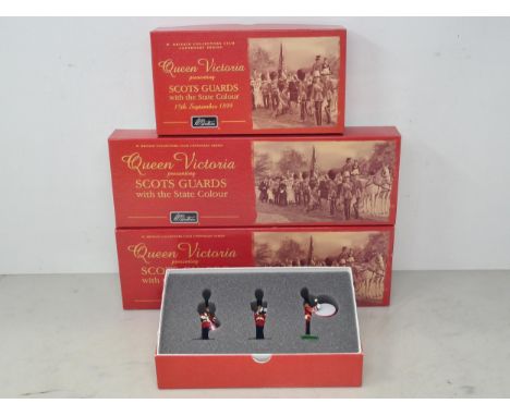 Four boxed W. Britain's Centenary Series Sets 'Queen Victoria presenting Scots Guards with the State Colour'; 00291 Band Set-