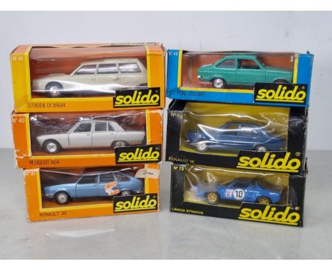 Six boxed Solido Vehicles including No.30 Renault 30, No.40 Peugeot 604, No.65 Citroen CX Break, No.45 Ford Escort, No.73 Lan