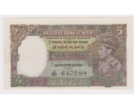 India 5 Rupees not dated issued 1937, signed J.B. Taylor, portrait King George VI at right, serial J/33 640289 (TBB B202a, Pi