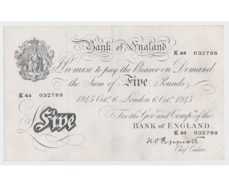Peppiatt 5 Pounds dated 6th October 1945, serial K44 032788, London issue on thick paper (B255, Pick342) light annotations on
