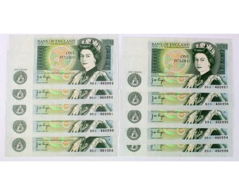 Page 1 Pound (10) issued 1978, a consecutively numbered run of FIRST PREFIX mid series notes, serial B01 460991 - B01 461000 