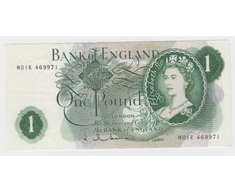 Hollom 1 Pound issued 1963, very rare FIRST RUN REPLACEMENT note 'M01R' prefix, serial M01R 469971 (B291, Pick374c) VF+