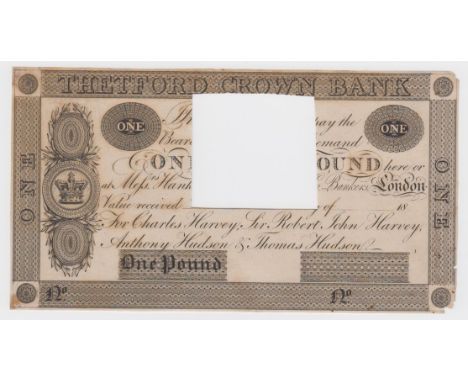 Thetford Crown Bank 1 Pound PROOF not dated, for Charles Harvey, Sir Robert John Harvey, Anthony Hudson &amp; Thomas Hudson (