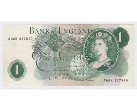 O'Brien 1 Pound issued 1960, scarce EXPERIMENTAL note LAST SERIES 'A06N' prefix, serial A06N 347810, with letter 'R' (researc