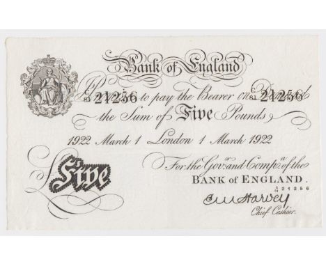 Harvey 5 Pounds dated 1st March 1922, serial C/81 21256, London issue (B209a, Pick312a) light centre fold and paper dents, a 