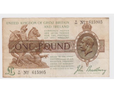 Bradbury 1 Pound issued 1917, FIRST SERIES with HIGH '99' prefix, serial A/99 615905 (T16, Pick351) one set of staple holes, 