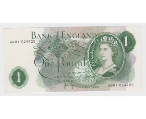 Page 1 Pound issued 1970, rare FIRST RUN 'AN01' prefix, the very last issue of the series C Portrait notes, serial AN01 02472